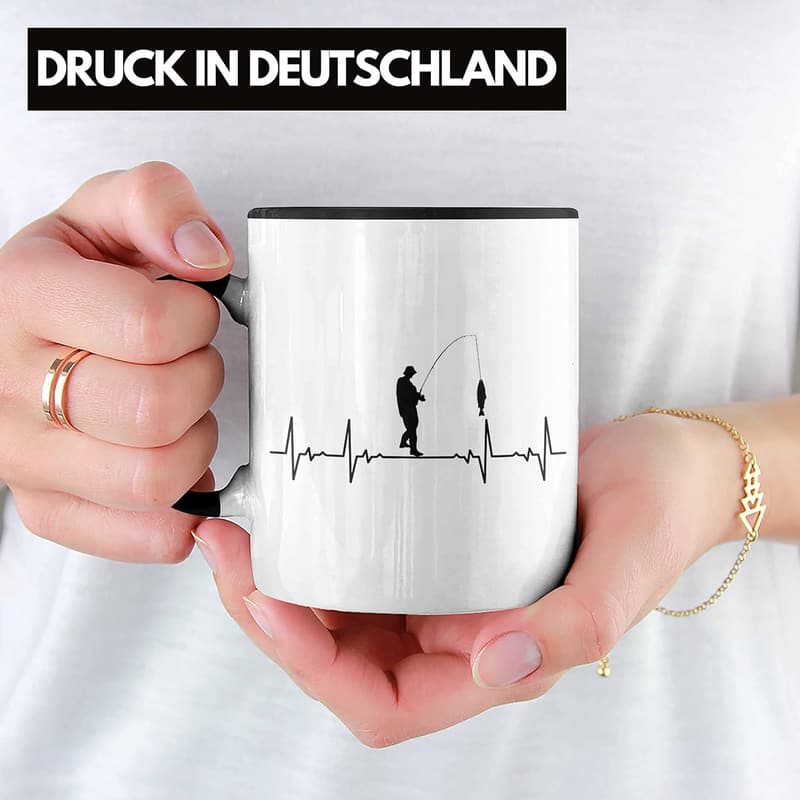 Lustige Angeltasse für Fischer mit Herzschlag-Motiv (Schwarz)