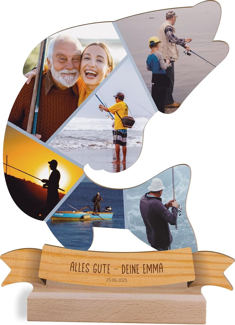 Personalisierte Holzbild für Angler – Geschenk zum Geburtstag mit Foto-Mosaik
