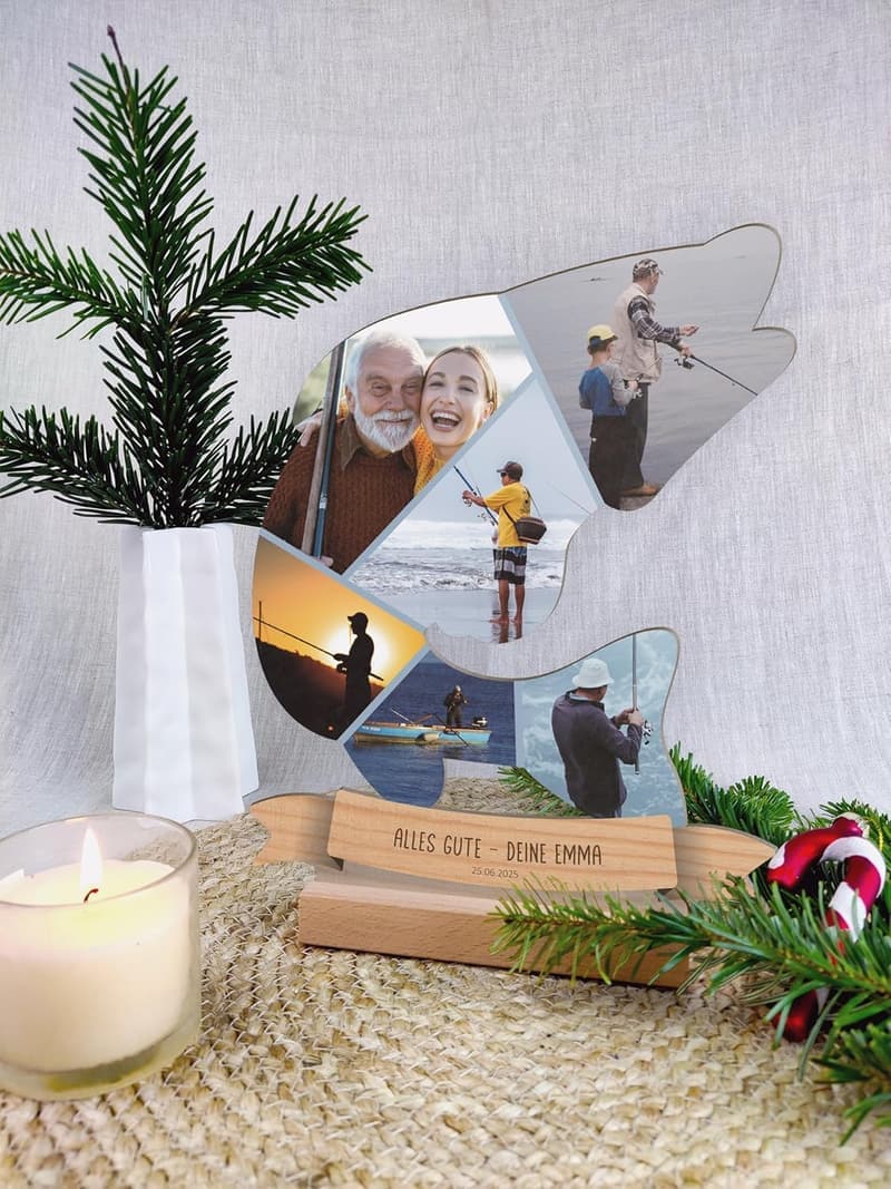 Personalisierte Holzbild für Angler – Geschenk zum Geburtstag mit Foto-Mosaik