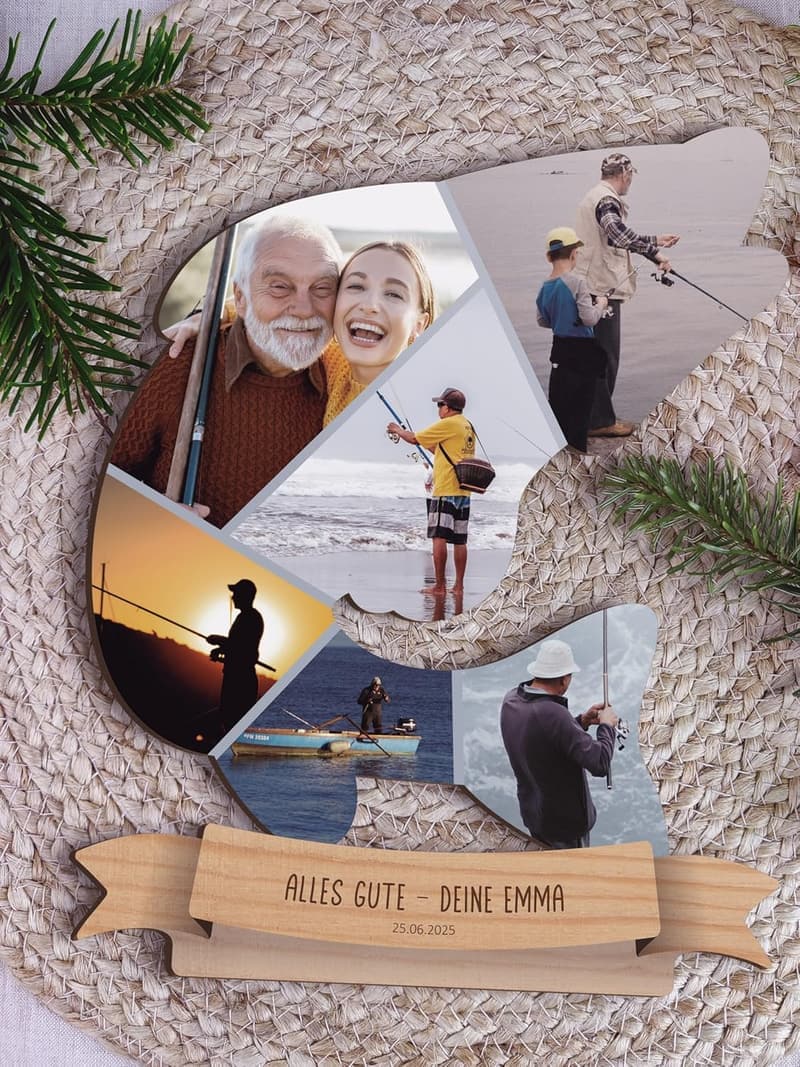 Personalisierte Holzbild für Angler – Geschenk zum Geburtstag mit Foto-Mosaik