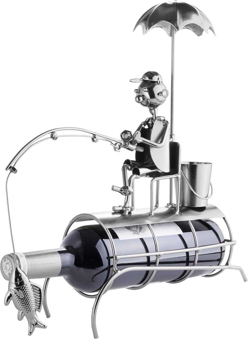 Weinflaschenhalter Angler mit Sonnenschirm - Metall Deko Geschenk