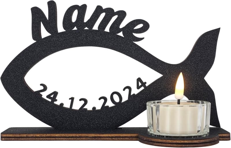 Personalisiertes Holz-Fisch Teelicht für Taufe und Konfirmation
