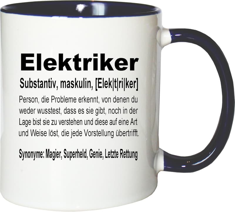 Witzige Kaffeetasse für Elektriker – Geschenkidee in Weiß-Blau