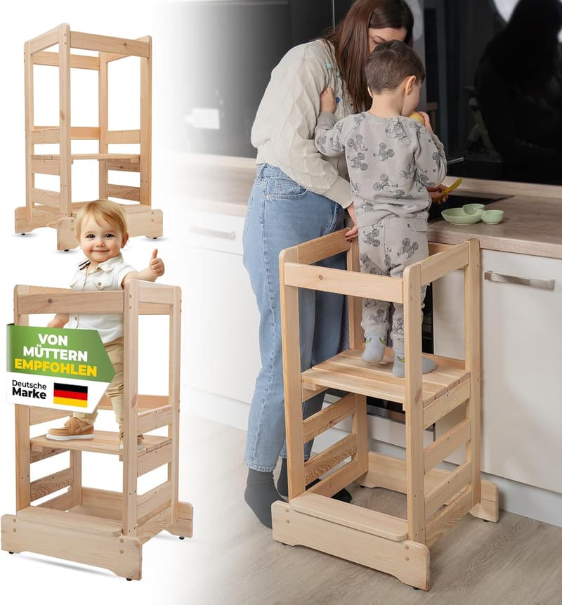 Montessori Lernturm aus Kiefernholz mit Anti-Kipp-Schutz, höhenverstellbar für Kinder ab 1 Jahr