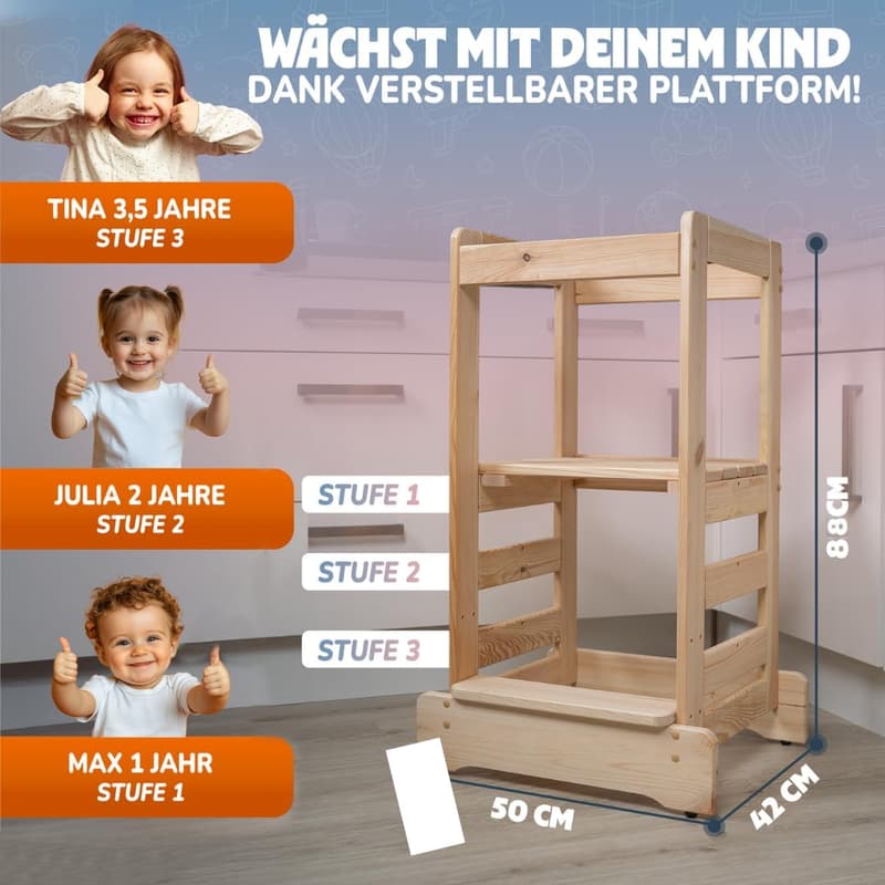 Montessori Lernturm aus Kiefernholz mit Anti-Kipp-Schutz, höhenverstellbar für Kinder ab 1 Jahr