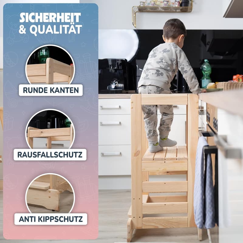 Montessori Lernturm aus Kiefernholz mit Anti-Kipp-Schutz, höhenverstellbar für Kinder ab 1 Jahr