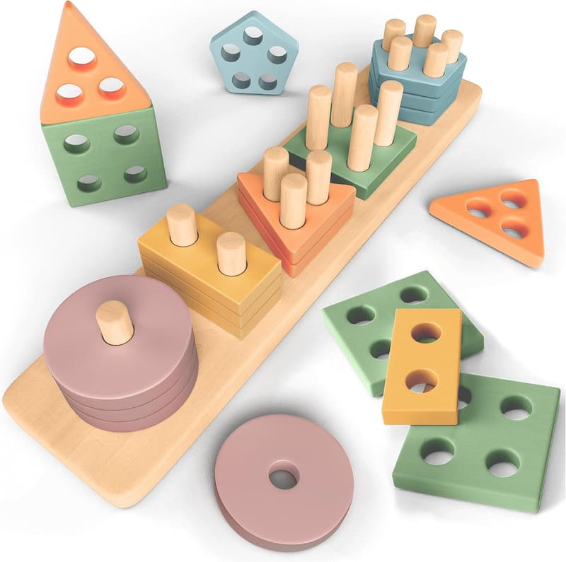 Montessori Holzspielzeug für Kleinkinder ab 1 Jahr – Sortier- und Stapelspiel in Pastellfarben
