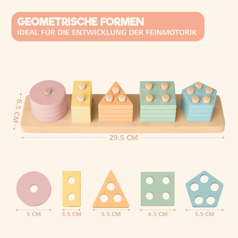 Montessori Holzspielzeug für Kleinkinder ab 1 Jahr – Sortier- und Stapelspiel in Pastellfarben