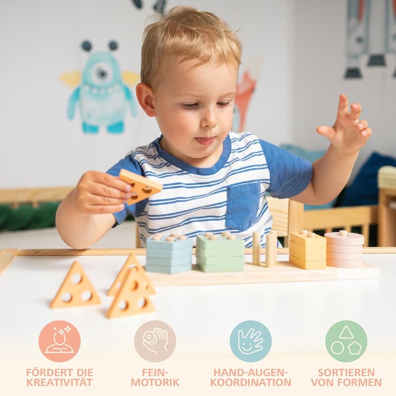 Montessori Holzspielzeug für Kleinkinder ab 1 Jahr – Sortier- und Stapelspiel in Pastellfarben