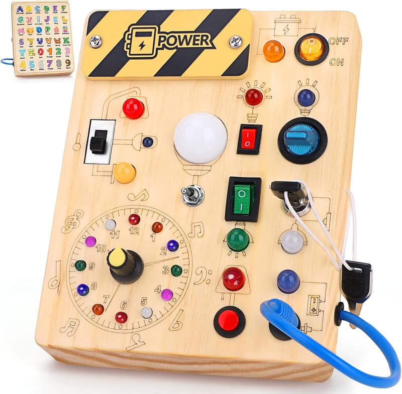 Montessori Busy Board aus Holz für Kinder ab 1 Jahr mit 10 Schaltern und 23 LED-Leuchten