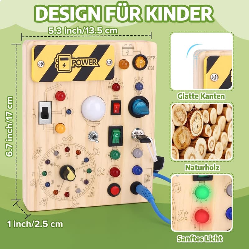 Montessori Busy Board aus Holz für Kinder ab 1 Jahr mit 10 Schaltern und 23 LED-Leuchten