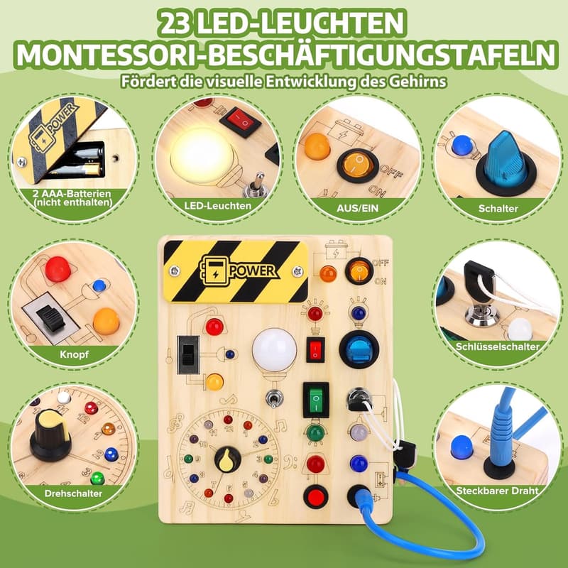 Montessori Busy Board aus Holz für Kinder ab 1 Jahr mit 10 Schaltern und 23 LED-Leuchten