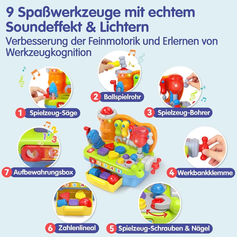 Werkbank Spielzeug für Jungen ab 1 Jahr mit Musik und Lichteffekten
