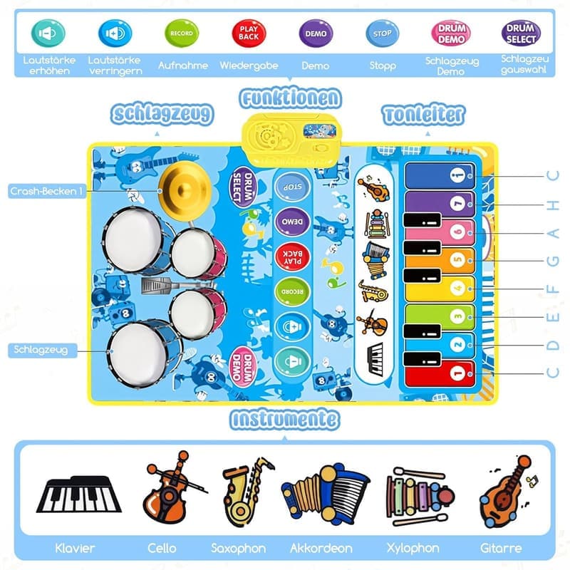Musikmatte für Kinder - Spielzeug Klaviermatte für 1-4 Jahre, Blau
