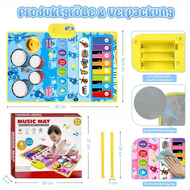 Musikmatte für Kinder - Spielzeug Klaviermatte für 1-4 Jahre, Blau