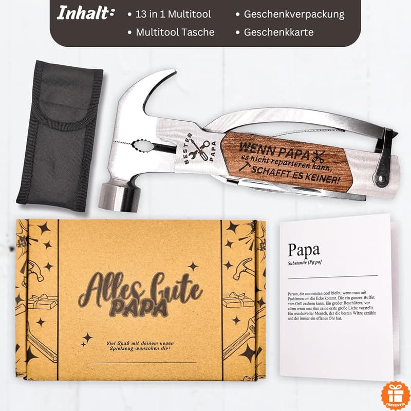 Graviertes Multitool aus Edelstahl für Väter – 7-in-1 Werkzeug für Outdoor & Heimwerker