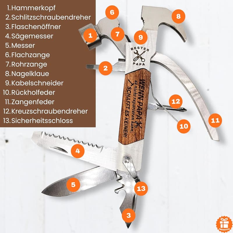 Graviertes Multitool aus Edelstahl für Väter – 7-in-1 Werkzeug für Outdoor & Heimwerker