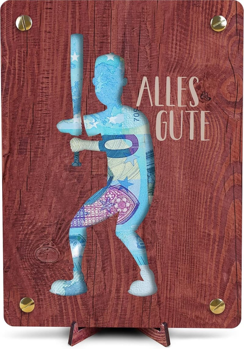 Geldgeschenk Holz-Baseball mit Ständer für Geburtstage