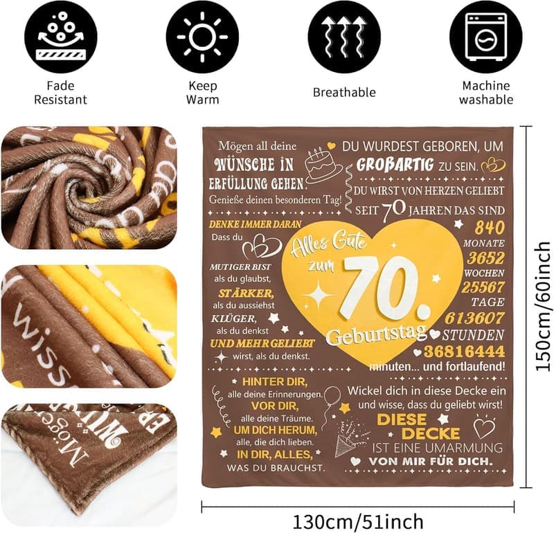 Geschenkdecke mit Motivationssprüchen zum 70. Geburtstag für Frauen und Männer
