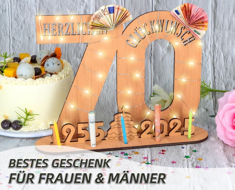 Personalisierbares Holzschild zum 70. Geburtstag für Frauen und Männer mit LED-Lichterkette