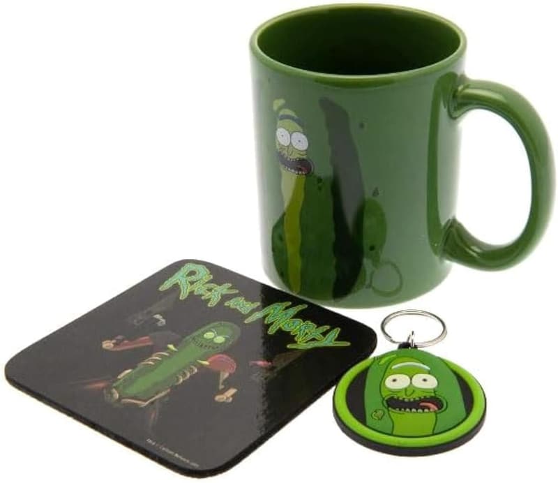 Rick und Morty Gurken-Rick Geschenkset: Becher, Untersetzer, Schlüsselanhänger