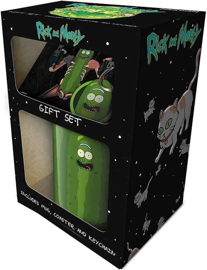 Rick und Morty Gurken-Rick Geschenkset: Becher, Untersetzer, Schlüsselanhänger