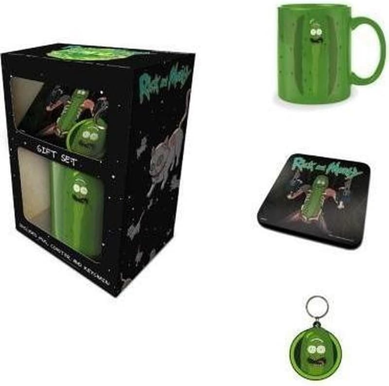 Rick und Morty Gurken-Rick Geschenkset: Becher, Untersetzer, Schlüsselanhänger