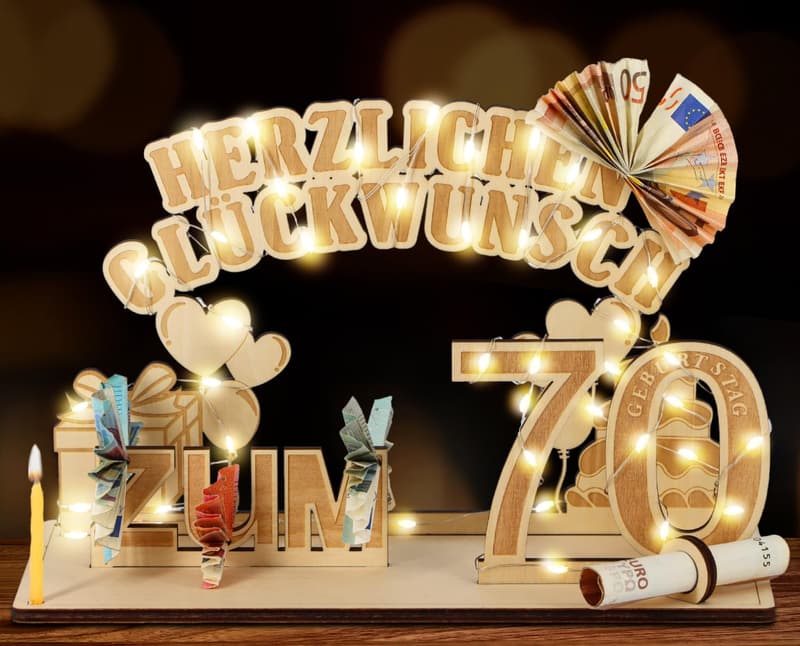 70. Geburtstag Geschenk aus Holz mit LED-Lichterkette für Paare