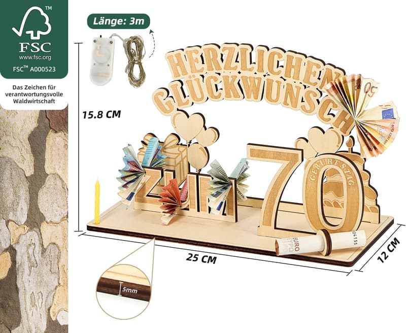 70. Geburtstag Geschenk aus Holz mit LED-Lichterkette für Paare