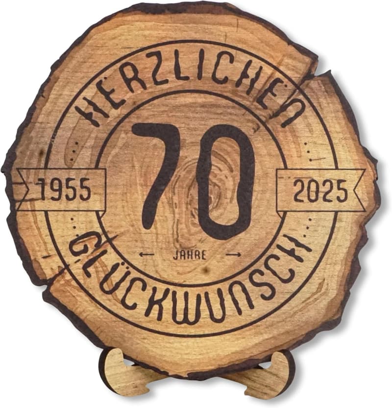 Jubiläumsgeschenk Holzscheibe 70 Jahre, 20 cm - Glückwunsch 2025
