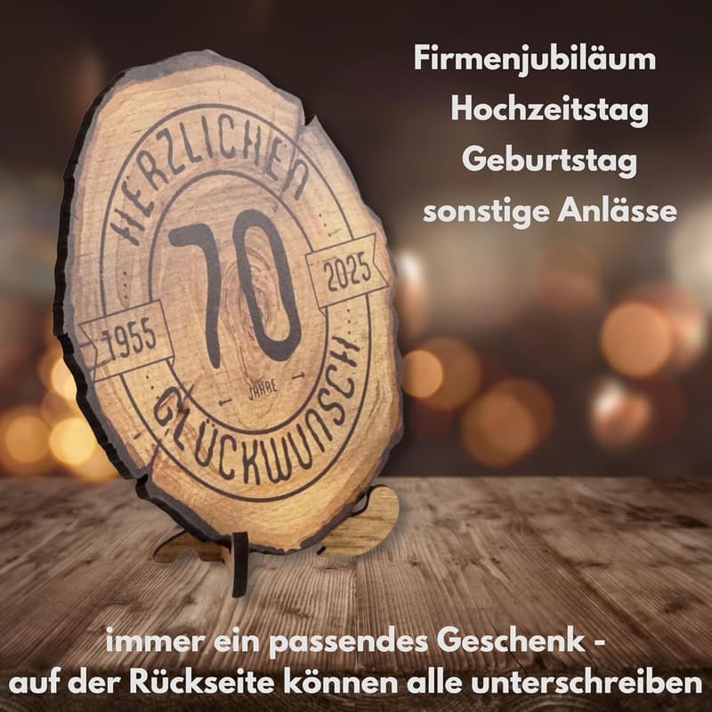 Jubiläumsgeschenk Holzscheibe 70 Jahre, 20 cm - Glückwunsch 2025