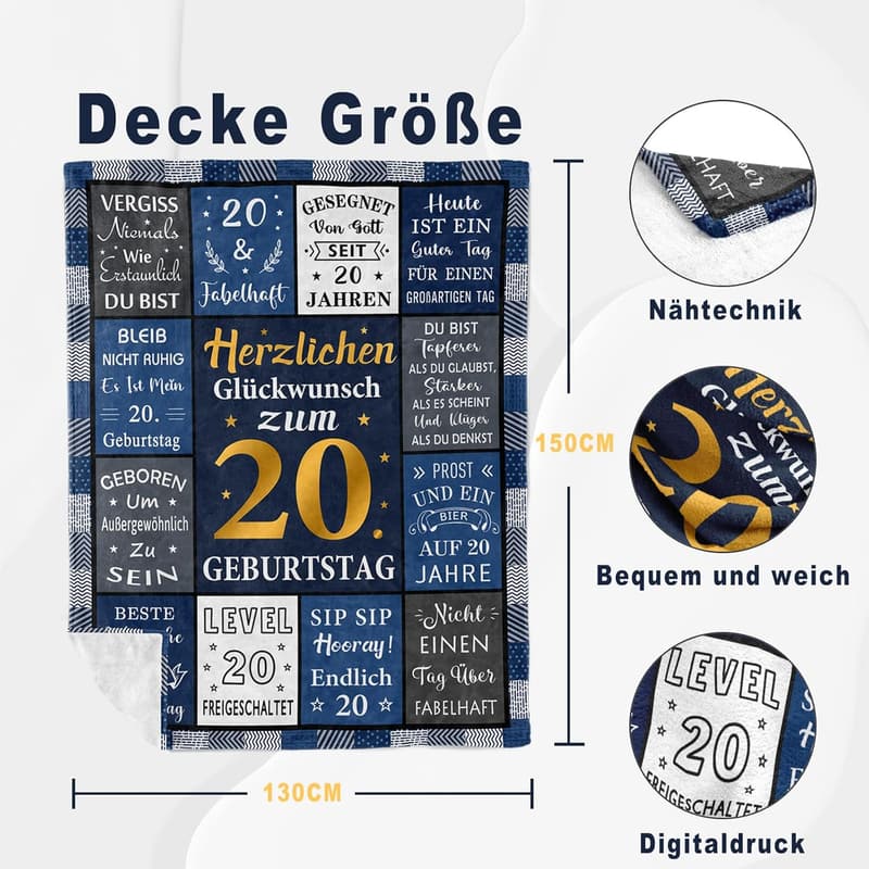 20. Geburtstag Decke für Männer, 150x130 cm, Geschenke für 20-Jährige