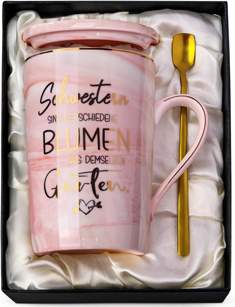 Geburtstagsgeschenk für Schwester – Rosa Marmor Tasse mit Goldmuster