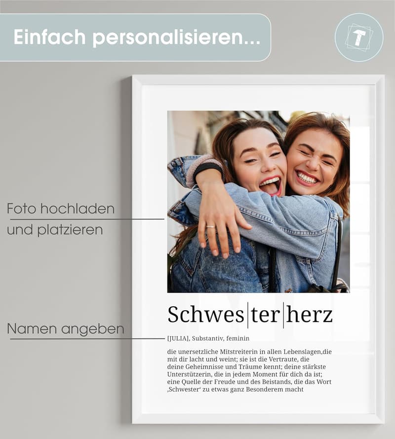 Personalisierte Definition mit Foto für Schwester, DIN A4, gerahmt