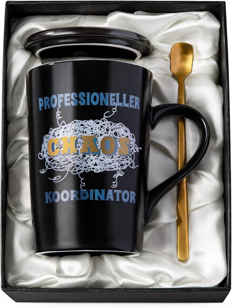 Lustige Kaffeetasse für Chefs - 400ml mit Deckel und Löffel