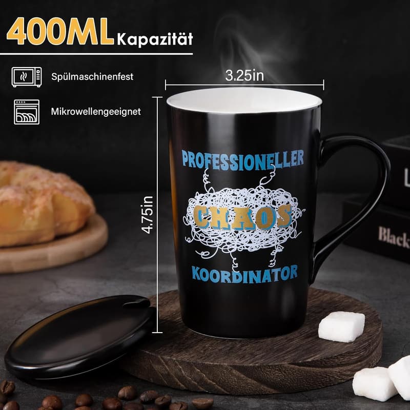 Lustige Kaffeetasse für Chefs - 400ml mit Deckel und Löffel