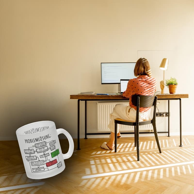 Witzige Kaffeetasse mit Problemlösungsdiagramm für Kollegen
