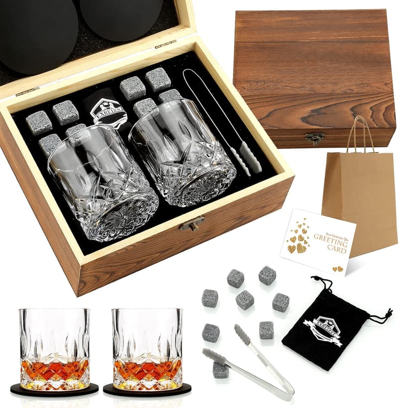 Whisky Set Geschenk für Männer – 2 Gläser, 8 Steine, Holzbox