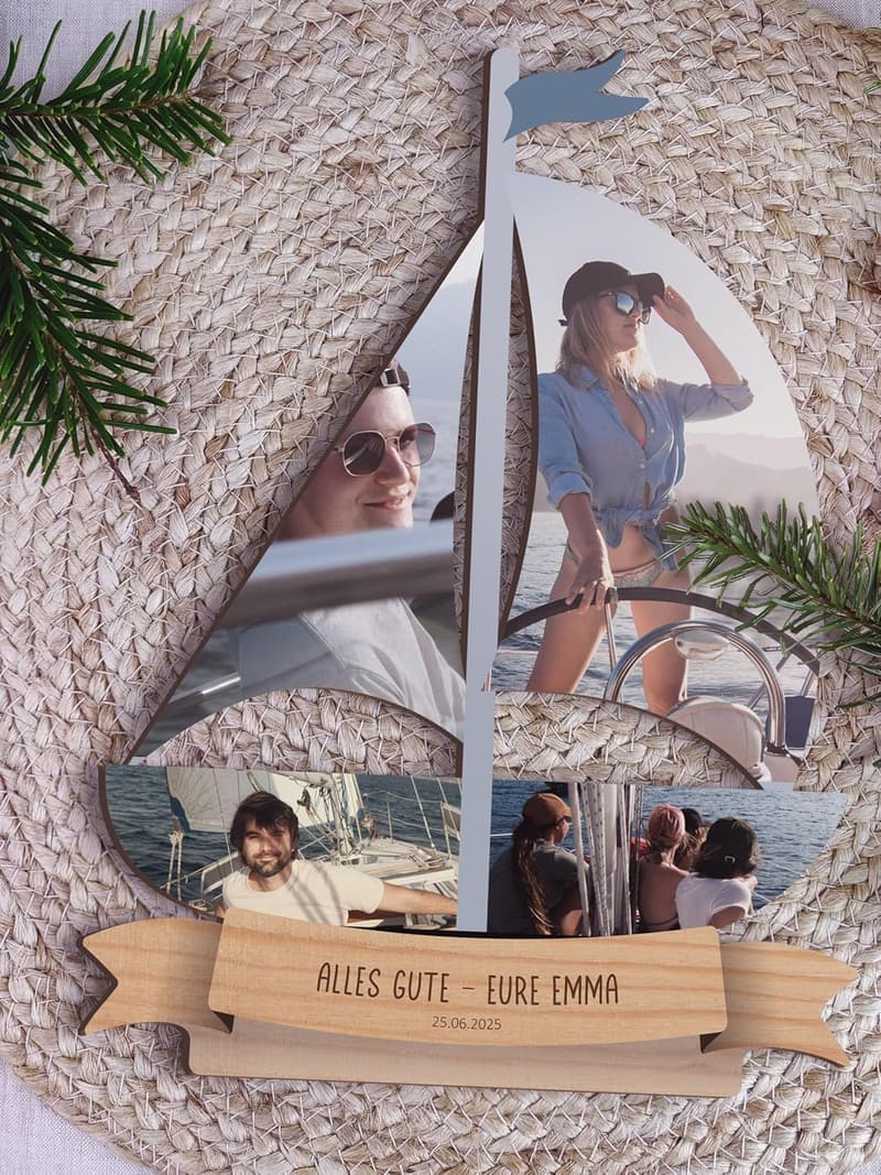 Personalisierte Holzbild mit Segelboot - Geschenkidee für Segler