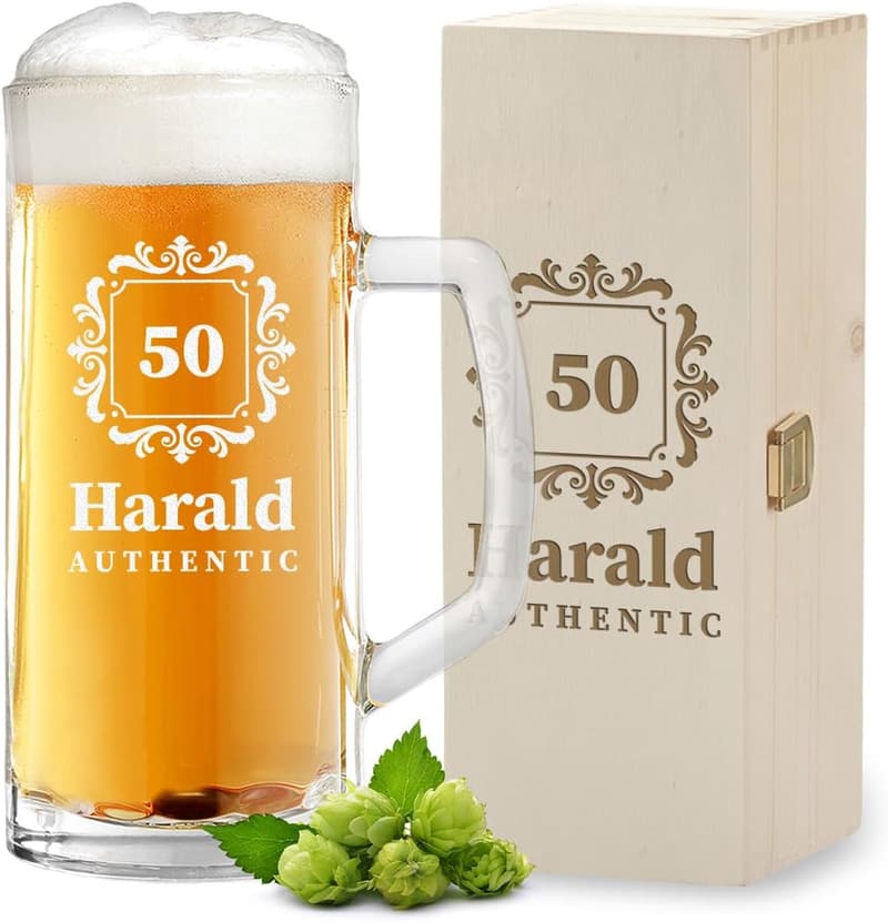 Geschenkset Bierkrug 0,5L mit Gravur in Holzkiste für Männer