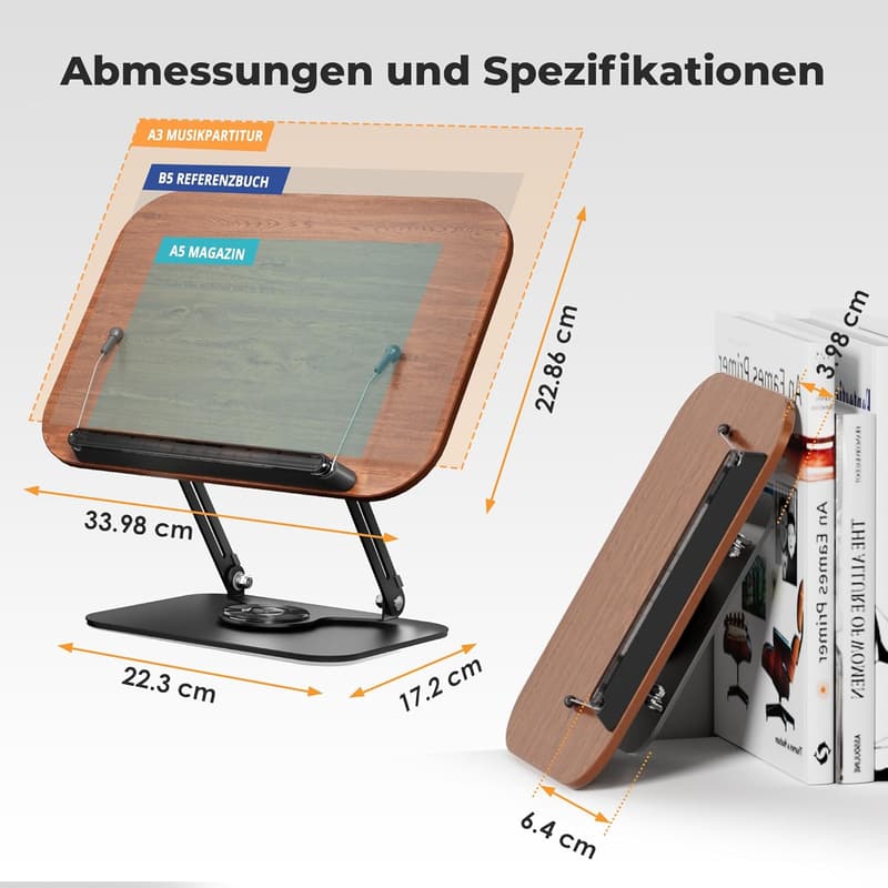 Verstellbarer Holz-Buchständer für Kochbücher – 360° drehbar und faltbar