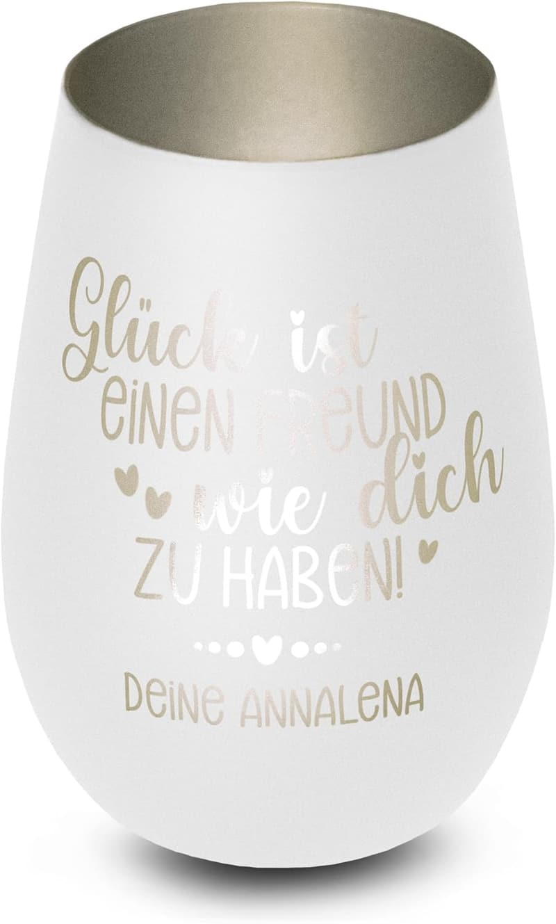 Personalisiertes Windlicht „Glück ist, einen Freund zu haben“ aus Glas – Freundschaftsgeschenk für beste Freunde – Geburtstagsgeschenk, weiß mit silberner Innenseite