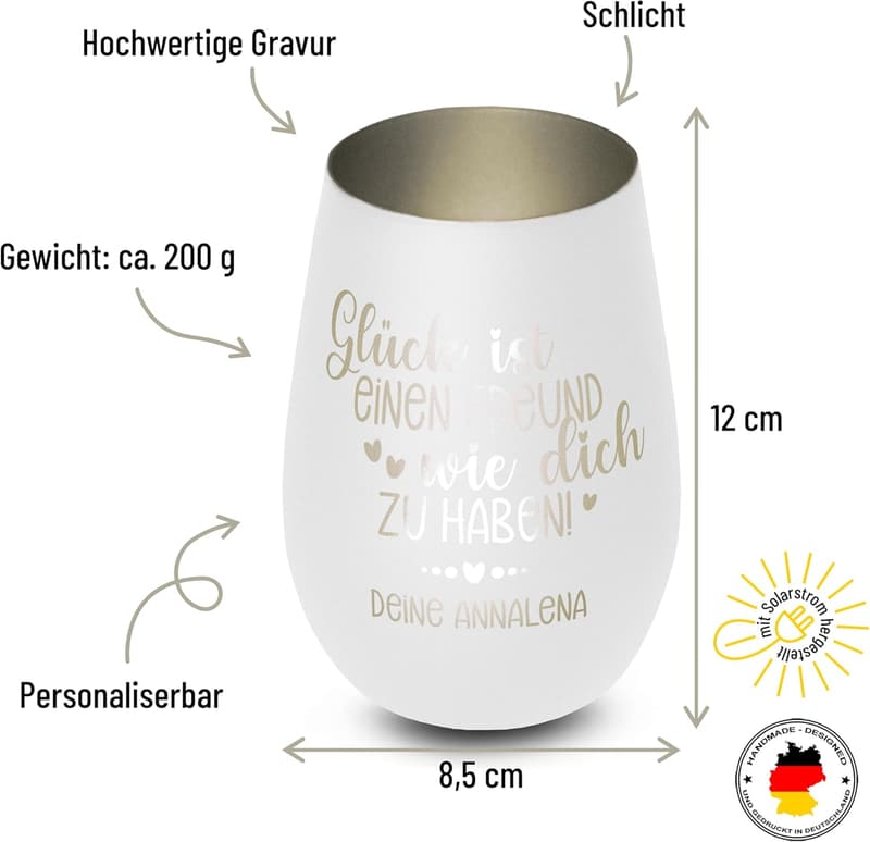 Personalisiertes Windlicht „Glück ist, einen Freund zu haben“ aus Glas – Freundschaftsgeschenk für beste Freunde – Geburtstagsgeschenk, weiß mit silberner Innenseite