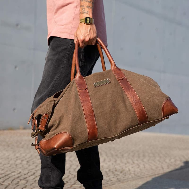 Vintage Reisetasche 'David' (L) aus Canvas und Leder, 60L, erweiterbar, olivgrün