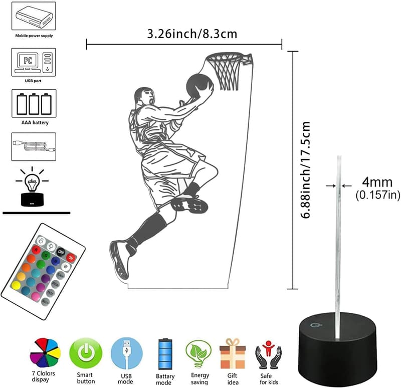 3D Basketball Nachtlicht mit Fernbedienung und 16 Farben - Geschenk für Basketballer