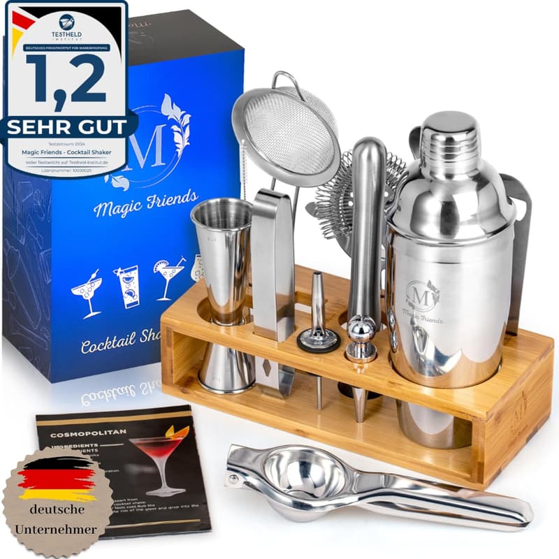 Cocktail Shaker Set – 16-teiliges Edelstahl Set mit Holzständer und Rezeptbuch