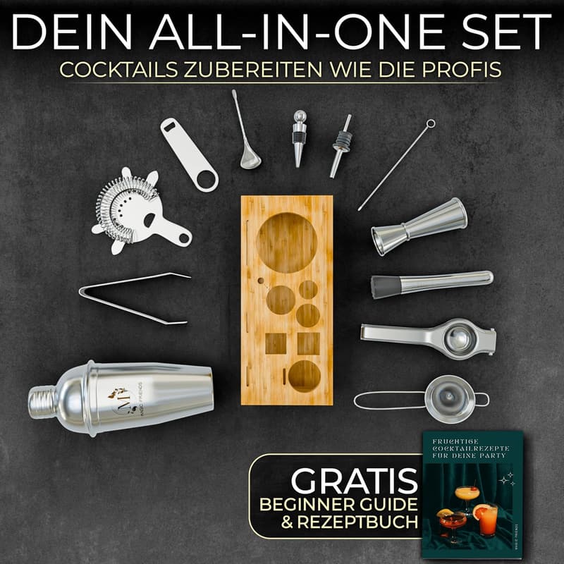 Cocktail Shaker Set – 16-teiliges Edelstahl Set mit Holzständer und Rezeptbuch