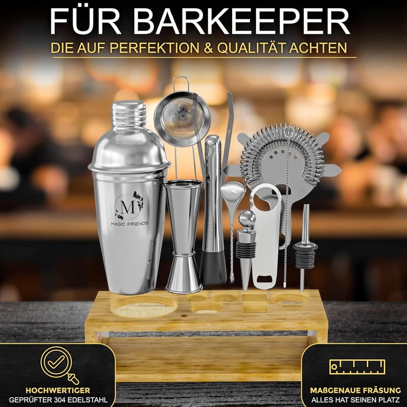 Cocktail Shaker Set – 16-teiliges Edelstahl Set mit Holzständer und Rezeptbuch