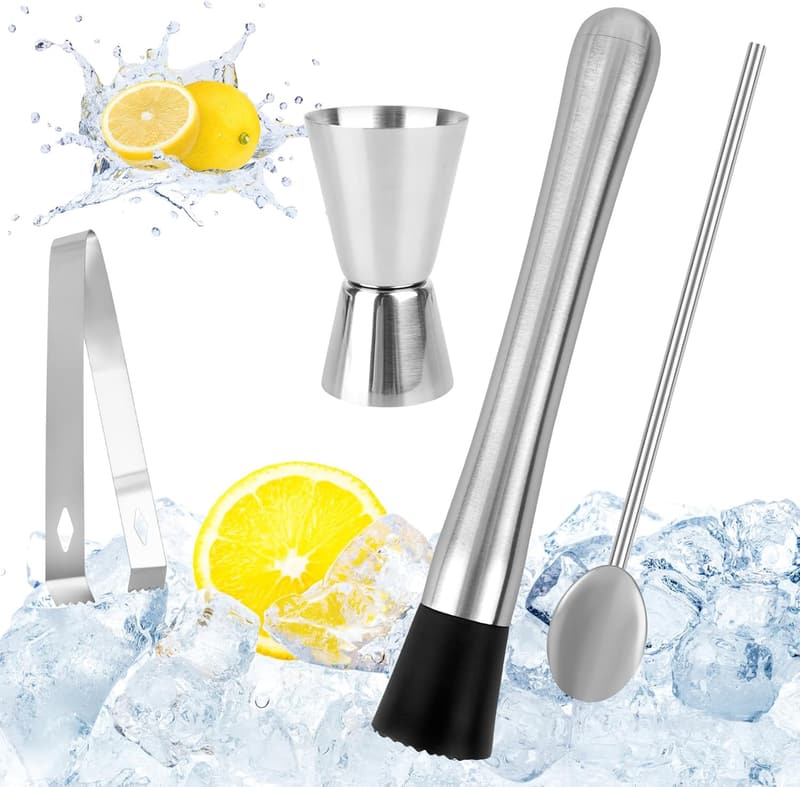 Edelstahl Cocktailset mit Stößel, Eiscrusher und Messbecher