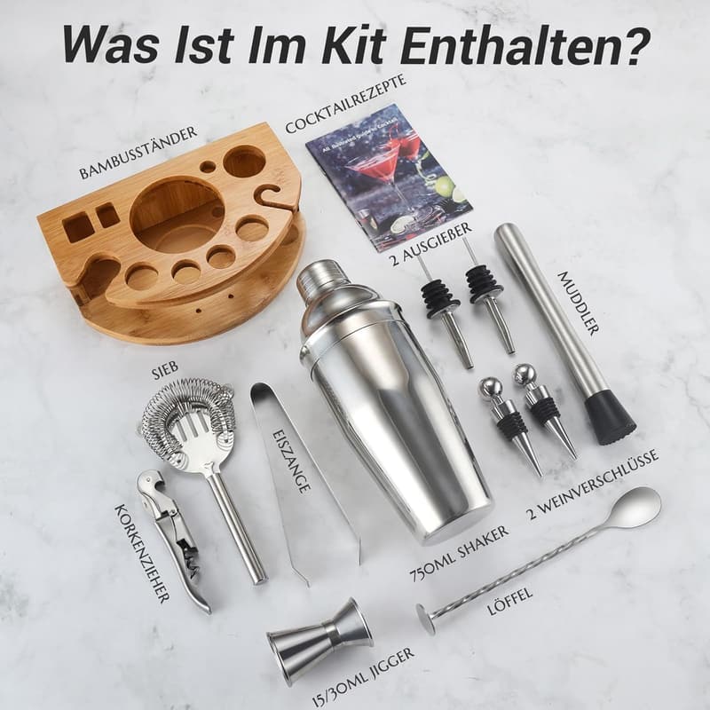 Cocktailshaker Set aus Edelstahl, 12-teiliges Barzubehör für die Hausbar